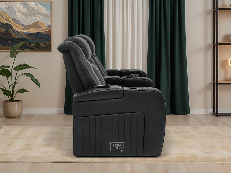 2 Seater Real Leather Power Reclining Cinema Sofa in Black with Console, USB Ports, Table, Cup Holders, Storage & Massage | Capri | The Sofa Shop