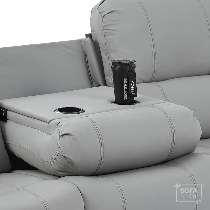 3 Seater Electric Recliner Sofa In Light Grey Real Leather | Power Recliner With Drop-Down Table & USB+C Charging | Comfortable & Family-Friendly Sofa | Trento | The Sofa Shop