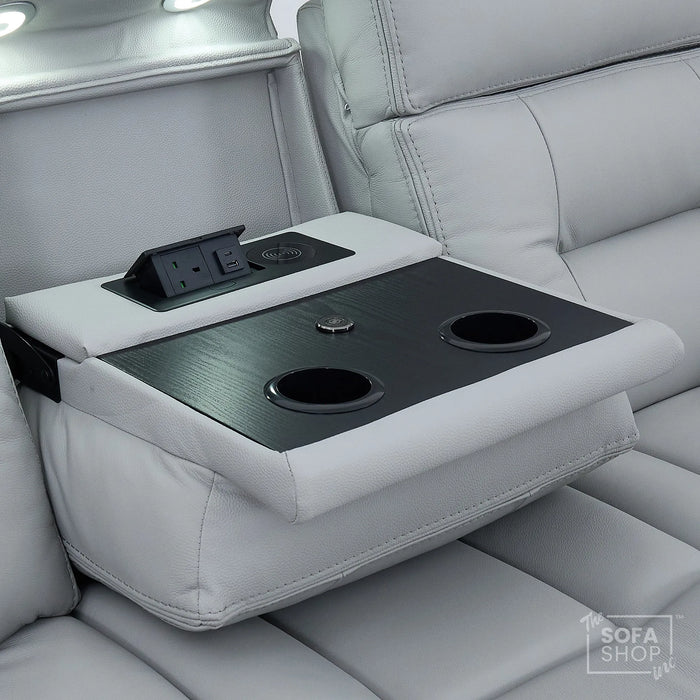 3 Seater Cinema Sofa in Light Grey Genuine Leather | Hi-Tech Couch with Power Recline + Power Headrests + Wireless Charging + Speakers | Sicily | The Sofa Shop