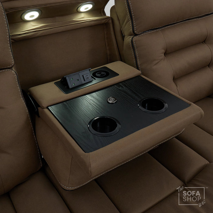 3 Seater Electric Recliner Cinema Sofa in Mocha Brown Fabric | Hi-Tech Sofa With Massage, Heat, Fold-Down Table, Bluetooth Speakers, LED Lights & Power Headrest | Tuscany | The Sofa Shop