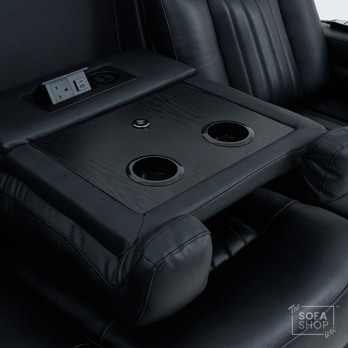 3 Seater Cinema Sofa in Black Real Leather | Hi-Tech Cinema Sofa with Vibration Massage, Heated Lumbar, Bluetooth Speakers, Heating & Cooling Cupholders | Capri | The Sofa Shop