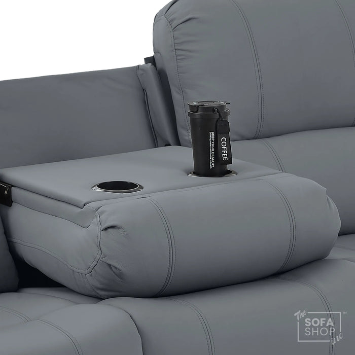 3 Seater Electric Recliner Sofa In Grey Real Leather | Power Recliner With Drop-Down Table & USB+C Charging | Comfortable & Family-Friendly Sofa | Trento | The Sofa Shop