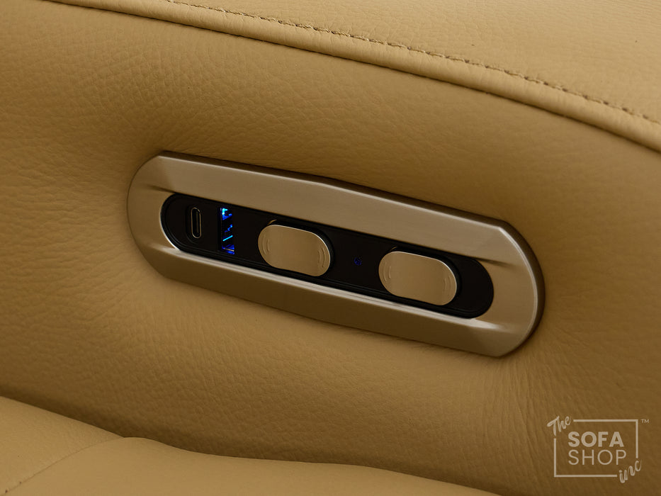 2 Seater Real Leather Power Recliner Sofa in Tan | Cinema Sofa with Console, USB Charging, Cup Holders, Storage, LED Lights & Massage | Capri | The Sofa Shop