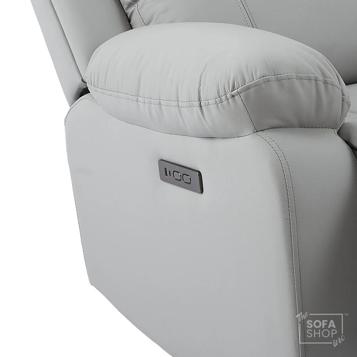 3 Seater Electric Recliner Sofa In Light Grey Real Leather | Power Recliner With Drop-Down Table & USB+C Charging | Comfortable & Family-Friendly Sofa | Trento | The Sofa Shop