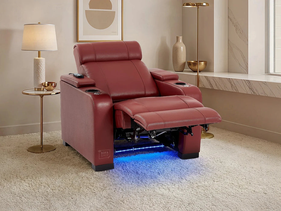 1 Seater Real Leather Electric Recliner Cinema Chair in Red | Massage, Tray Table, Cooling Cup Holder & USB | Rimini | The Sofa Shop