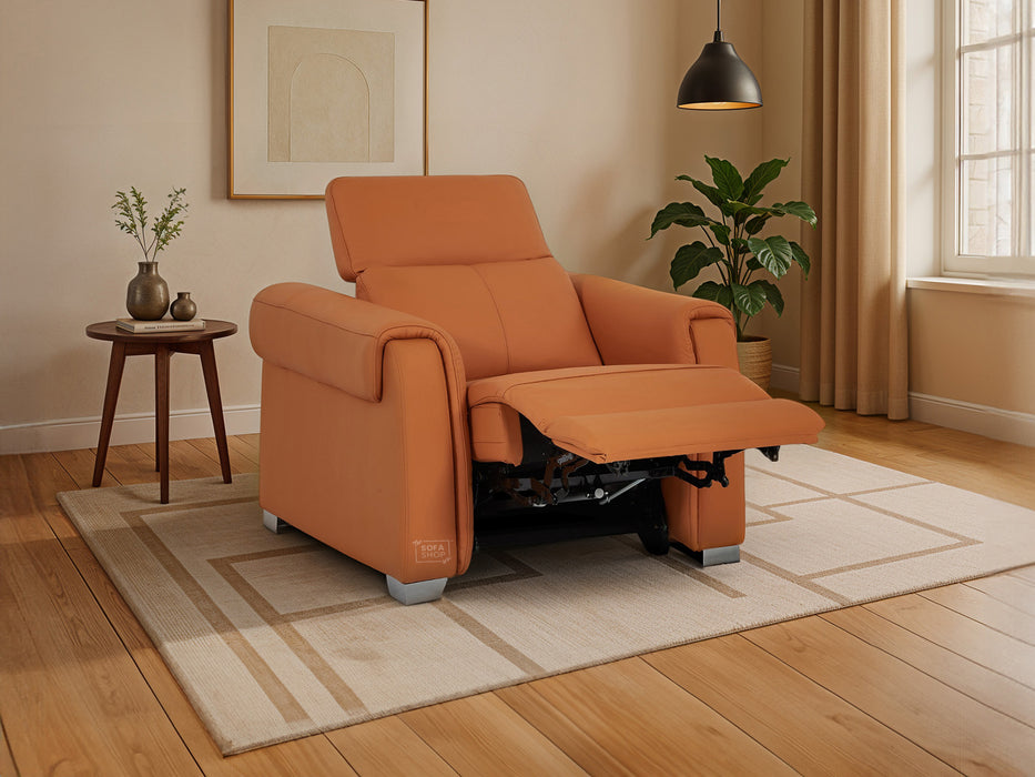 Real Leather Electric Recliner Chair In Orange | Hi-Tech Chair with Massage, Power Headrest + USB Charging Ports | Turin | The Sofa Shop