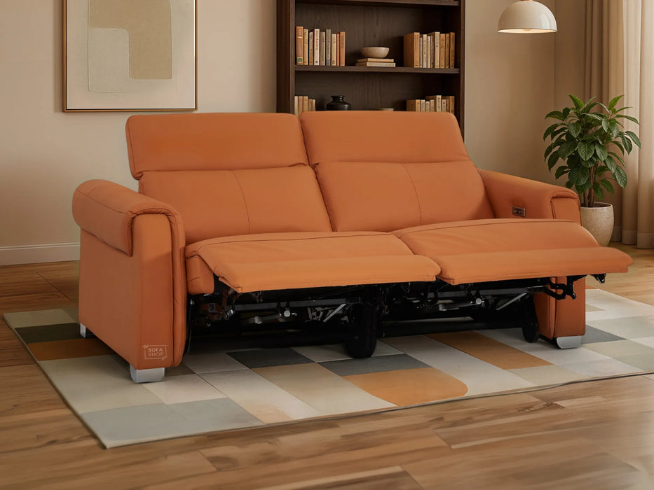 3 Seater Real Leather Recliner Sofa In Orange | Hi-Tech Sofa with Massage, USB Ports & Power Headrest | Turin | The Sofa Shop