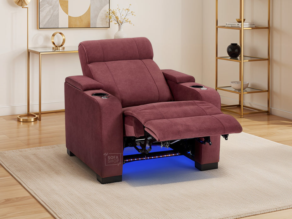 2+1 Sofa Set. Electric Recliner Cinema Suite in Velvet Purple Fabric | 2 Piece Sofa Set with Massage, USB Ports, Cooling Cup Holders, Storage Box & LED Lights | Rimini | The Sofa Shop