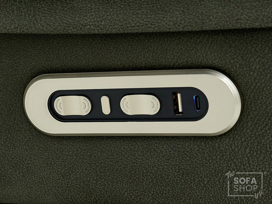 2 Seater Hi-Tech Sofa | Electric Recliner Home Cinema Seat in Green Fabric with Massage + Chilled Cupholders + Console + Power Sockets + USB | Vinsonova