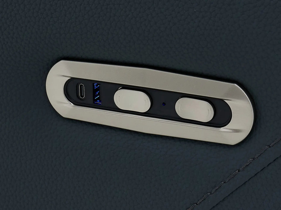 3+2 Cinema Sofa Set in Blue Genuine Leather with Massage, Drop-Down Table, Cup Holders, LED Reading Light, Power Recliner, USB Ports, Socket Set & Storage | Blue Leather | Napoli | The Sofa Shop