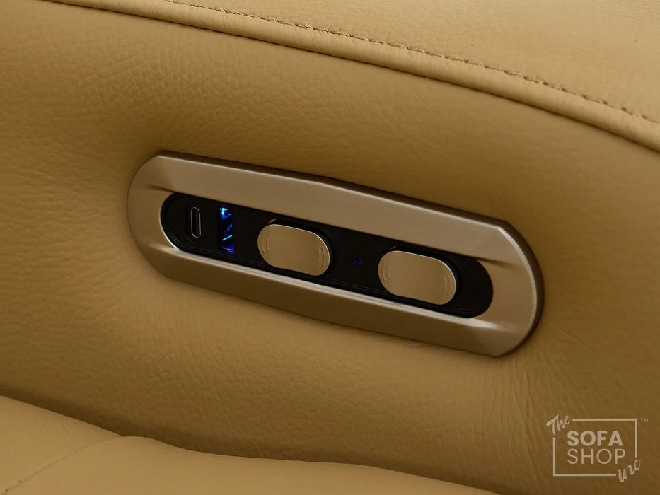 Real Leather Electric Recliner Cinema Chair in Tan | Hi-Tech Power Chair with USB Charging, Cup Holders, Storage, LED Lights & Massage | Capri | The Sofa Shop