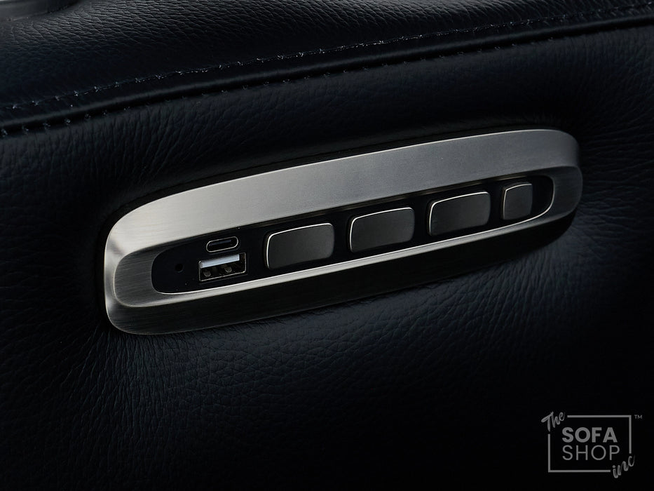 2 Seater Cinema Sofa in Black Real Leather | Luxury Theatre & Home Cinema Seating | Electric Recliner With Cooling Cup Holders + Lumbar Support | USB Charging + LED Lights | Assisi