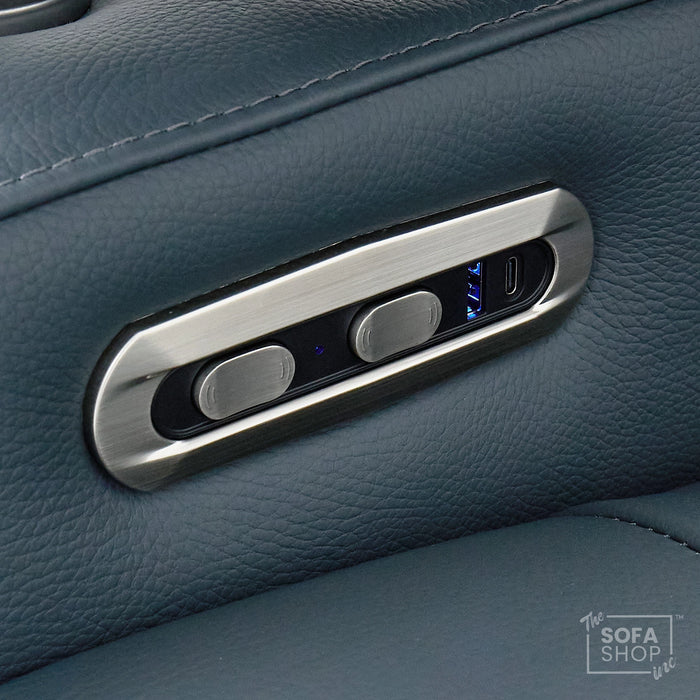 Real Leather Recliner Chair In Blue with Power Headrest, Power Recline, Massage, Heating, USB Charging, Cooling Cup Holder & Tray Table | Capri