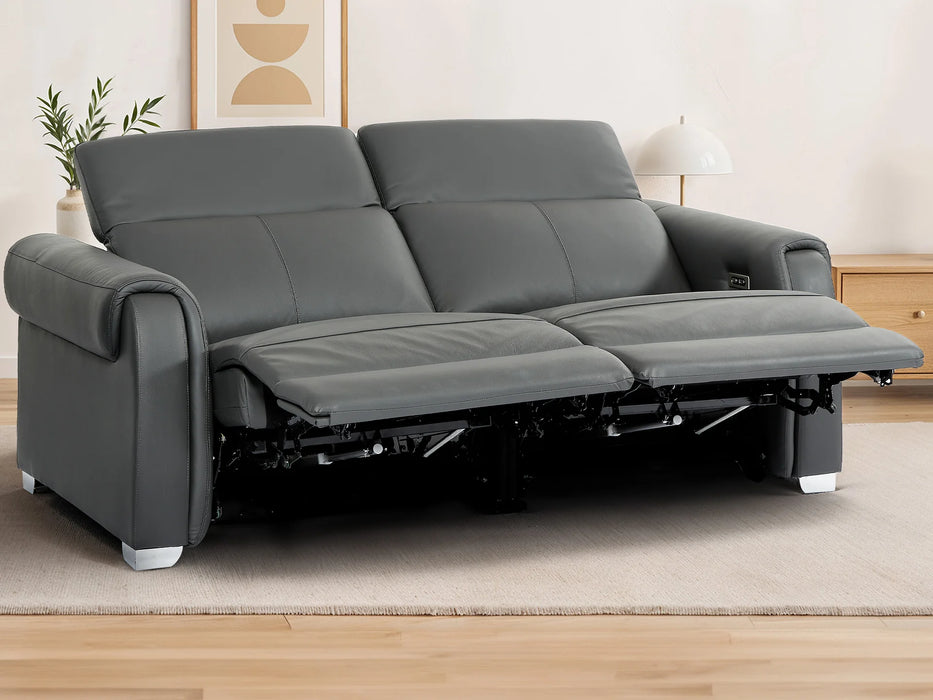 3 Seater Real Leather Recliner Sofa In Grey | Hi-Tech Sofa with Massage, USB Ports & Power Headrest | Turin