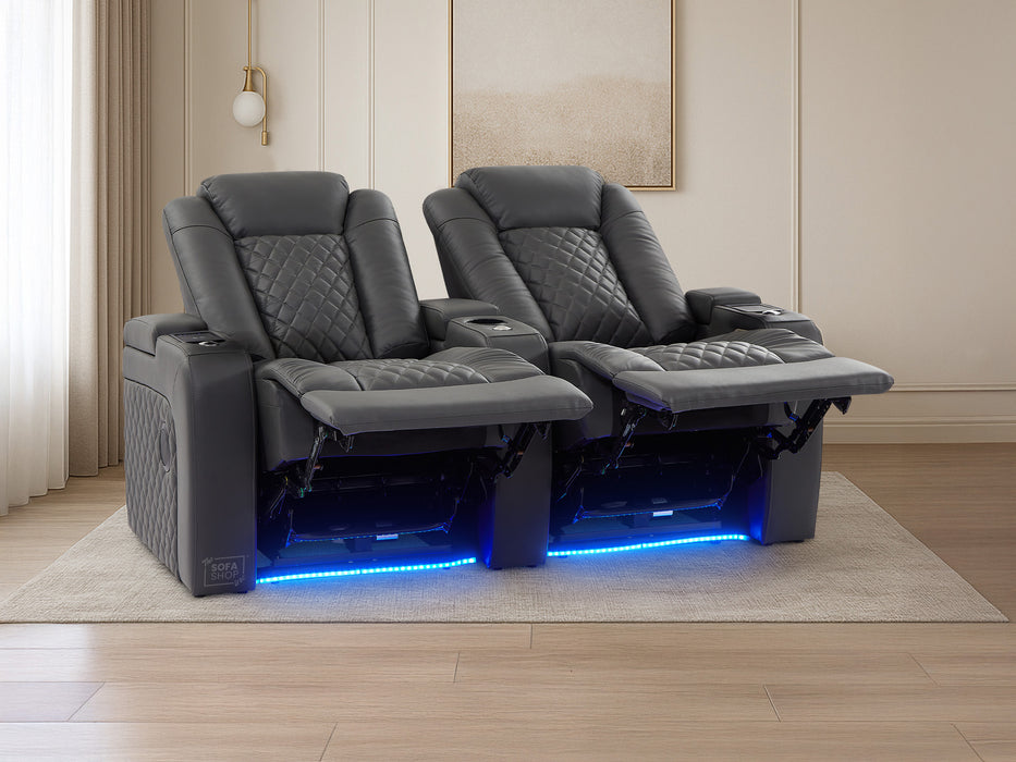 2 Seater Grey Real Leather Electric Recliner Cinema Sofa | Power Headrest, Bluetooth Speakers, Wireless Charging & Cooling Cup Holders | Milano | The Sofa Shop