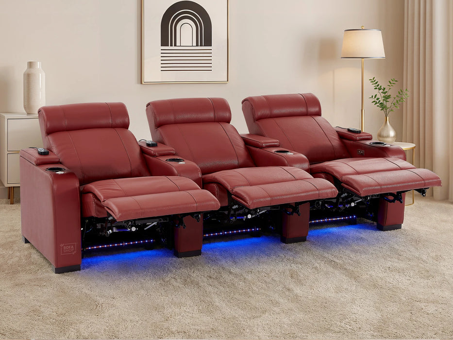 3 Seater Real Leather Electric Recliner Cinema Theatre Sofa in Red | Electric Recliner With Massage, Bluetooth & Cooling Cup Holders + Storage + Power | Rimini | The Sofa Shop