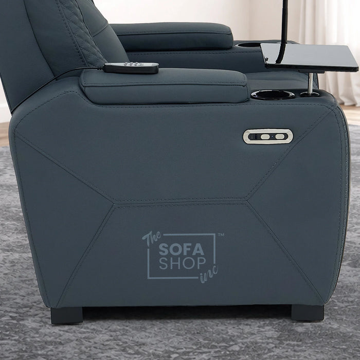 3+1 Seater Genuine Leather Recliner Cinema Sofa Set with Massage, Drop-Down Table, Cup Holders, LED Reading Light, Power Recliner, USB Ports, Socket Set & Storage | Blue Leather | Napoli