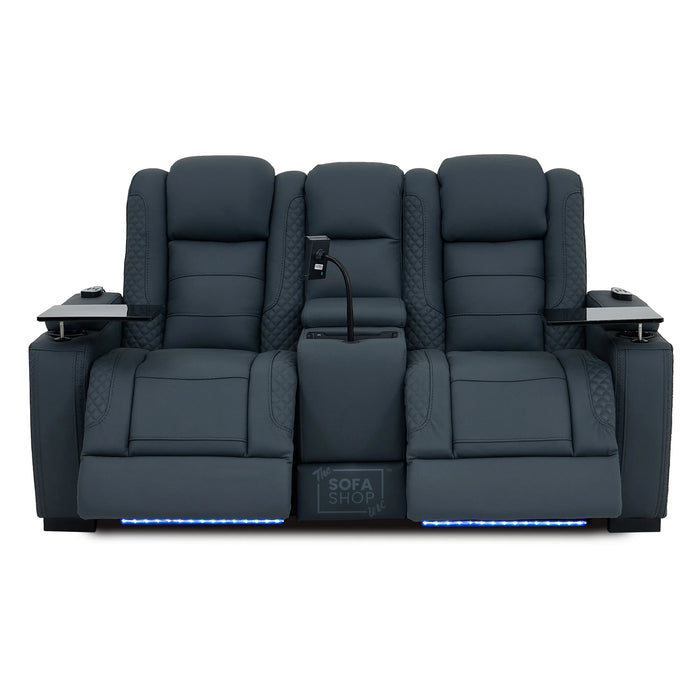 2 Seater Real Leather Electric Recliner Cinema Sofa in Blue | Massage & Heat, Console, Speakers, Tray Tables & Cooling Cup Holders | Napoli | The Sofa Shop