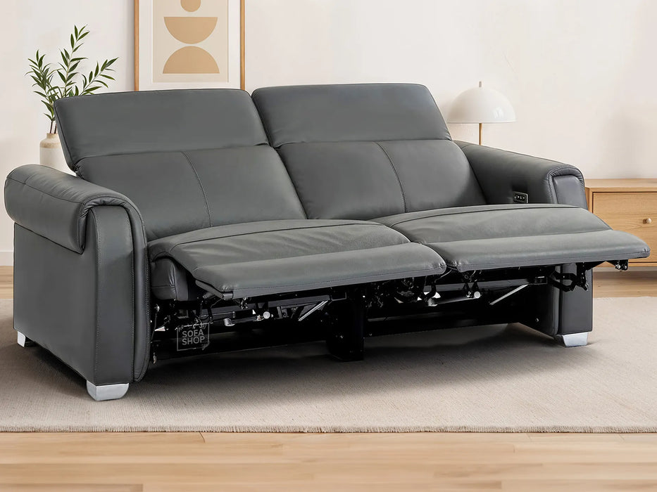 3 Seater Real Leather Recliner Sofa In Grey | Hi-Tech Sofa with Massage, USB Ports & Power Headrest | Turin