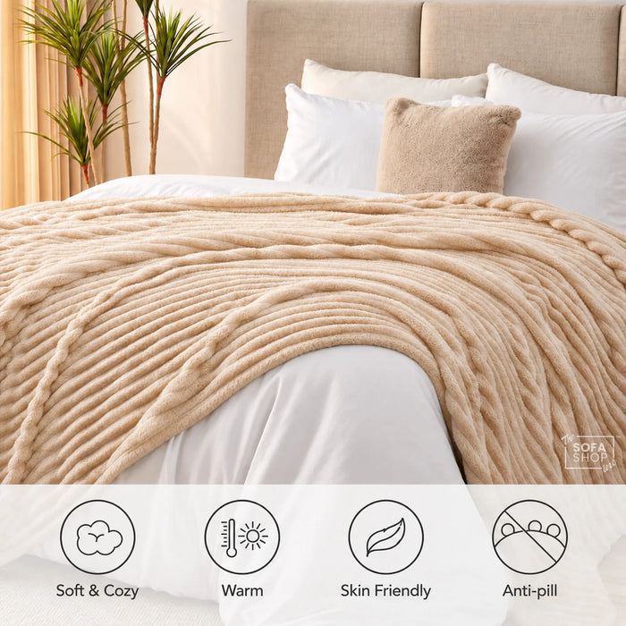 Chic Khaki Flannel Plush Blanket 150 x 200cm | Fluffy Warm Cosy Throw with Ultra-Soft Fleece + Machine Washable Care | Boston | Bed Sofa Couch Blanket | The Sofa Shop