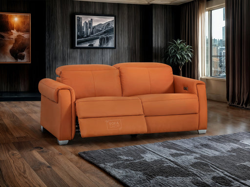 3 Seater Leather Recliner Sofa with USB Ports & Power Headrest | Orange Genuine Leather | Turin | Sofa Shop