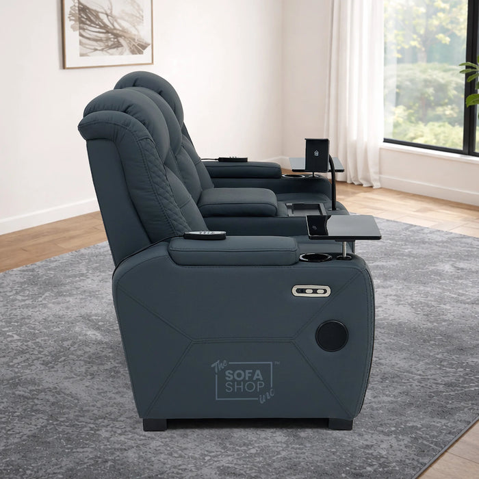 2 Seater Real Leather Electric Recliner Cinema Sofa in Blue | Massage & Heat, Console, Speakers, Tray Tables & Cooling Cup Holders | Napoli | The Sofa Shop
