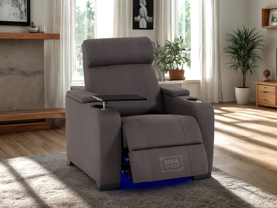 1 Seat Electric Recliner Chair Home Cinema Sofa | Fabric Couch in Grey + Chilled Cupholders + Console + Table + Power + USB + LED Lights| Rimini | The Sofa Shop