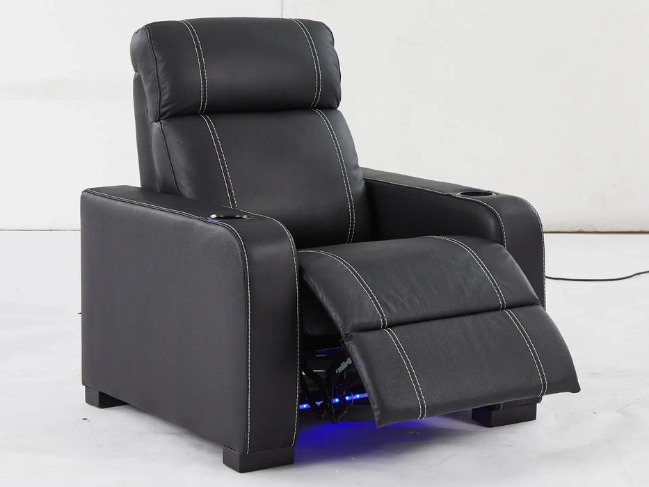 Cinema Recliner Chair | Home Theatre Seat in Black Genuine Leather With Cup Holders, LED and Power Recline | Catania | The Sofa Shop - 35