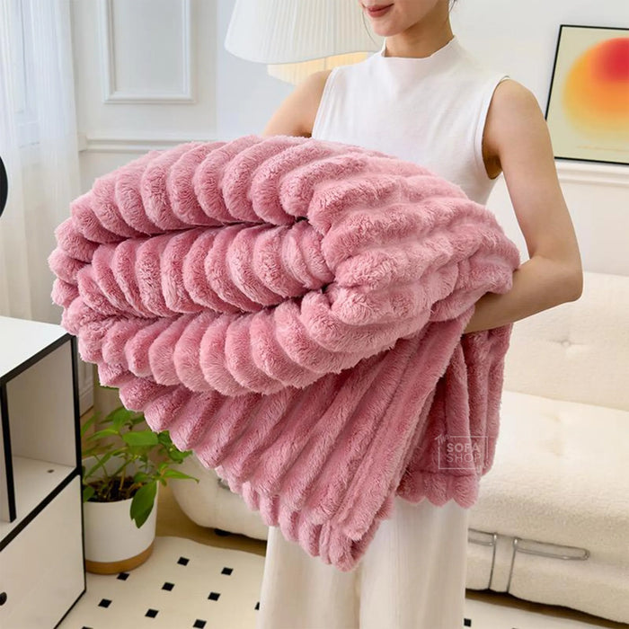 Ultra Chunky Striped Fur Throw Blanket - Hot Pink | 150 x 200cm | Fluffy Warm Cosy Throw with Ultra-Soft Fleece + Machine Washable Care – Boston | Bed, Sofa, Couch Blanket | The Sofa Shop