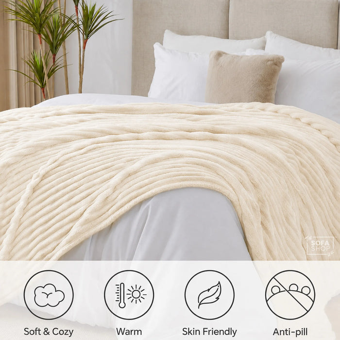 Classic Beige Flannel Plush Blanket 150 x 200cm | Fluffy Warm Cosy Throw with Ultra-Soft Fleece + Machine Washable Care | Boston | Bed Sofa Couch Blanket | The Sofa Shop