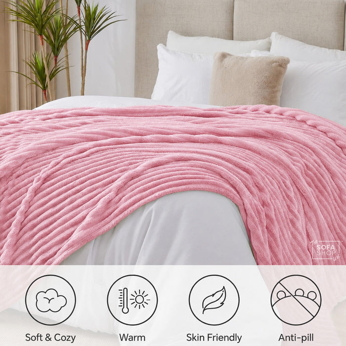 Ultra Chunky Striped Fur Throw Blanket - Hot Pink | 150 x 200cm | Fluffy Warm Cosy Throw with Ultra-Soft Fleece + Machine Washable Care – Boston | Bed, Sofa, Couch Blanket | The Sofa Shop