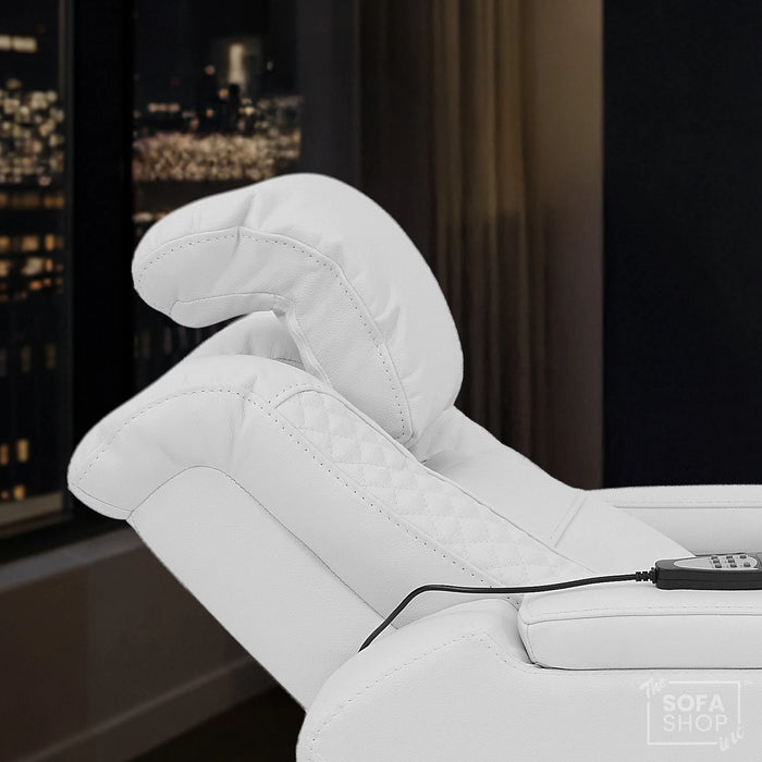 2 Seater Cinema Sofa in White Genuine Leather | Hi-Tech Cinema Sofa with Power Recline + Power Headrests + Settee Storage + Settee Cup Holders + Vibration Massage | Napoli | The Sofa Shop