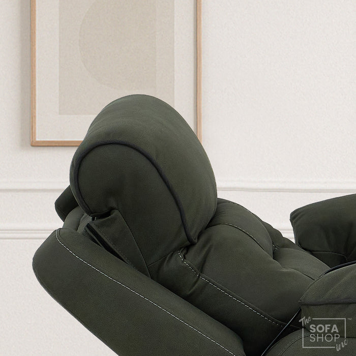 1 Seater Electric Recliner Chair in Green Fabric | Hi-Tech Chair with Vibration Massage + Heated Lumbar + Power Headrest + Power Grommet + USB+C Charging | Florence | The Sofa Shop