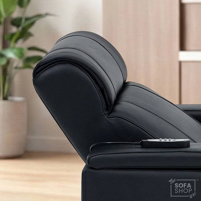 1 Seater Black Genuine Leather Electric Recliner Cinema Chair | Power Seat With Massage, Heat, Cooling Cup Holder & Detachable Tray Table | Rimini | The Sofa Shop