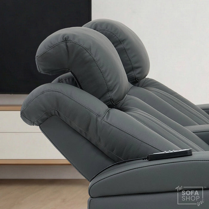 2 Seater Grey Real Leather Electric Recliner Cinema Sofa | Massage, Power Headrests & Tray Tables | Capri | The Sofa Shop