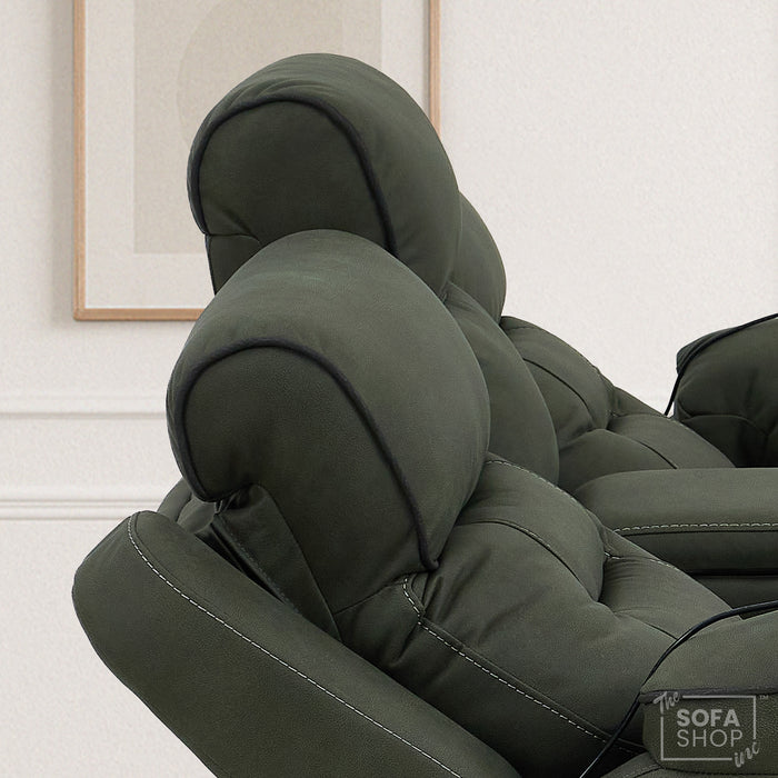 Green Fabric 2 Seater Electric Recliner Sofa | Hi-Tech Couch With Vibration Massage, Heated Lumbar, Multi-Link Bluetooth Speaker, Cooling & heating Cup Holders & Power Headrest | Florence | The Sofa Shop