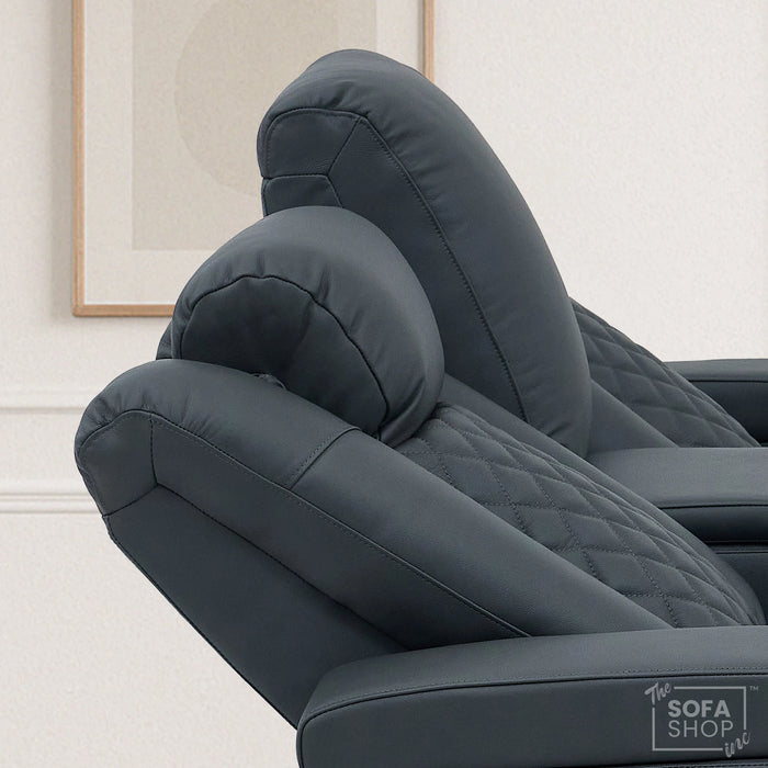 2 Seater Grey Real Leather Electric Recliner Cinema Sofa | Hi-Tech Couch With Power Headrest, Bluetooth Speakers, Wireless Charging, Cooling + Heating Cup Holder & Power Grommet  | Milano