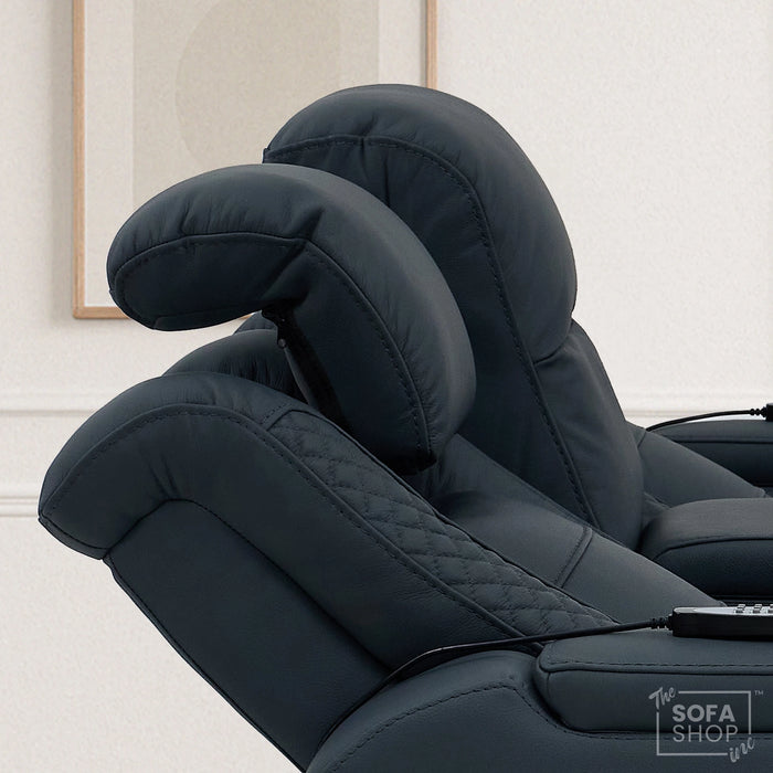 2 Seater Blue Real Leather Electric Recliner Cinema Sofa | Massage, Heat, Console, Wireless Charging & Cooling Cup Holders | Napoli