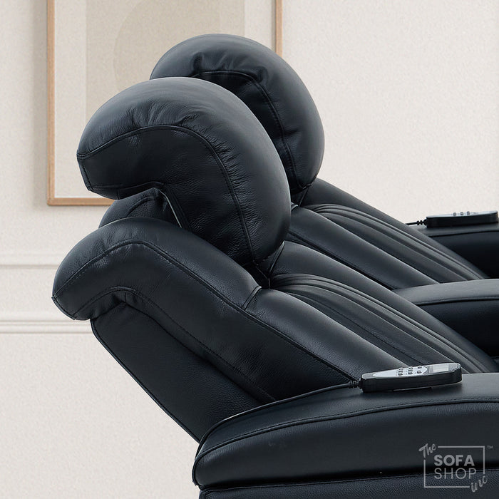 2 Seater Real Leather Power Reclining Cinema Sofa in Black with Console, USB Ports, Mild Heated Lumbar, Table, Cup Holders, Storage & Massage | Capri | The Sofa Shop