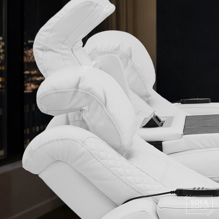 3 Seater Real Leather Electric Recliner Cinema Sofa with Fold-Down Table, Massage, Led Lights, USB-C Ports, Storage & Cupholders | White Genuine Leather | Napoli