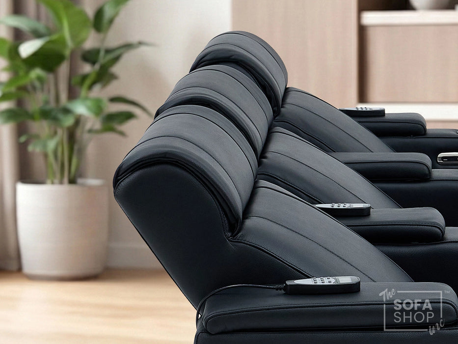 3 Seater Real Leather Electric Recliner Cinema Sofa in Black | Hi-Tech Sofa with Massage, Heated Lumbar Support, LED Lights, Power Grommet & Cupholders | Rimini | The Sofa Shop