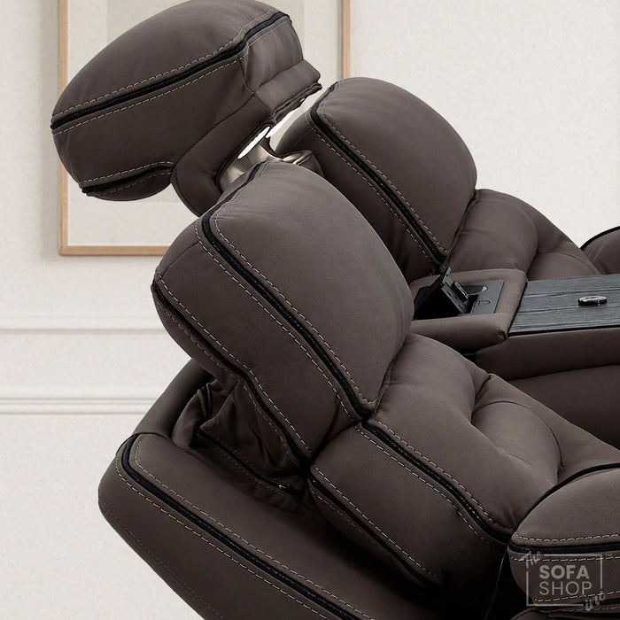 3 Seater Electric Recliner Cinema Sofa in Dark Brown Fabric | Hi-Tech Sofa With Massage, Fold-Down Table, Bluetooth Speakers, LED Lights & Power Headrest | Tuscany | The Sofa Shop