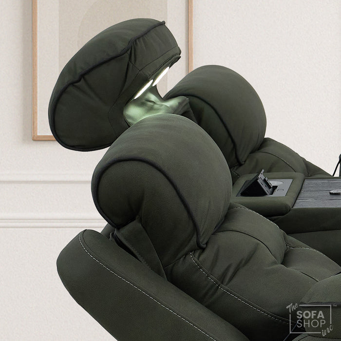3 Seater Fabric Electric Recliner Sofa With Vibration Massage & Heating | Integrated Wireless Charging + Multi-Link Bluetooth | Green Fabric | Power Headrests & Fold-Down Table | Florence | The Sofa Shop