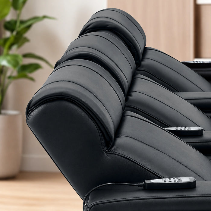 3 Seater Black Real Leather Power Recline Cinema Sofa | Hi-Tech Sofa With Vibration Massage, Heated Lumbar & Cooler Cup Holders | Rimini | The Sofa Shop