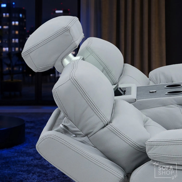 3 Seater Cinema Sofa in Light Grey Genuine Leather | Hi-Tech Couch with Power Recline + Power Headrests + Wireless Charging + Speakers | Sicily | The Sofa Shop