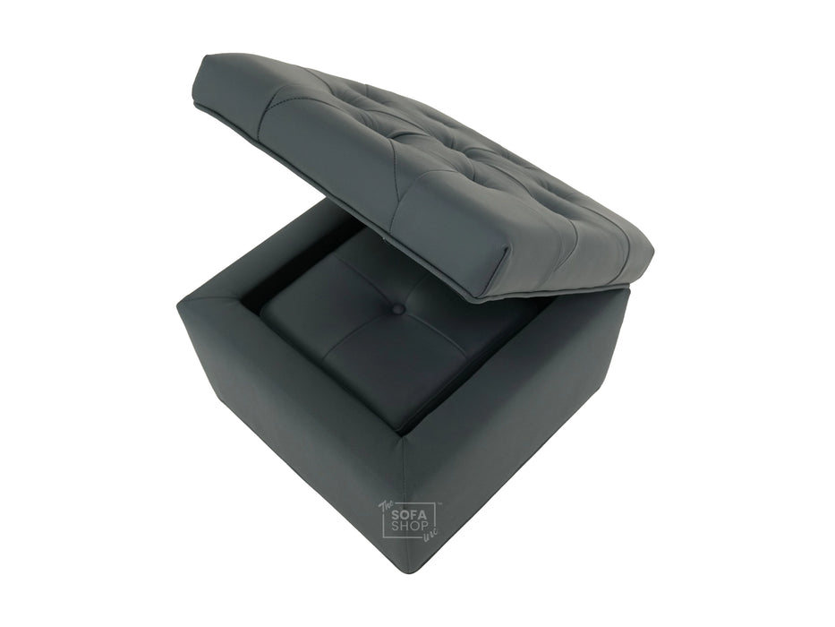 Grey Real Leather Footstool | Storage Ottoman for Sofa - Square