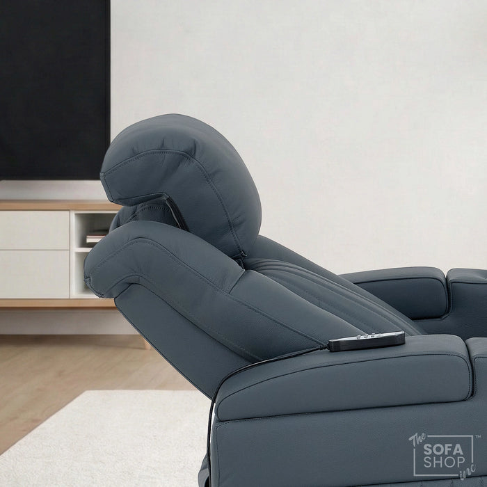 Real Leather Recliner Chair In Blue with Power Headrest, Power Recline, Massage, Heating, USB Charging, Cooling Cup Holder & Tray Table | Capri