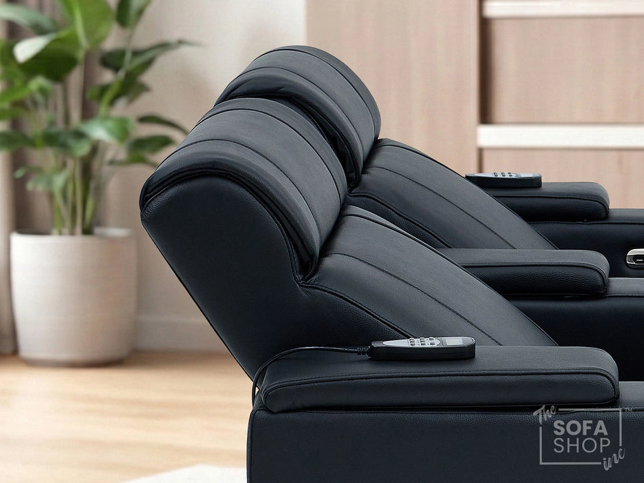 2 Seater Real Leather Electric Recliner Cinema Sofa in Black | Hi-Tech Cinema Sofa With Massage, Heated Lumbar, Power Grommet, Console & Chilled Cupholders | Rimini | The Sofa Shop