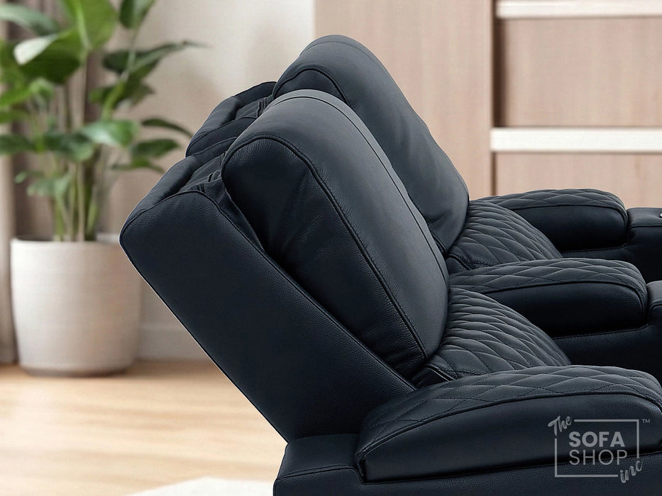 2 Seater Cinema Sofa in Black Real Leather | Luxury Theatre & Home Cinema Seating | Electric Recliner With Cooling Cup Holders + Lumbar Support | USB Charging + LED Lights | Assisi