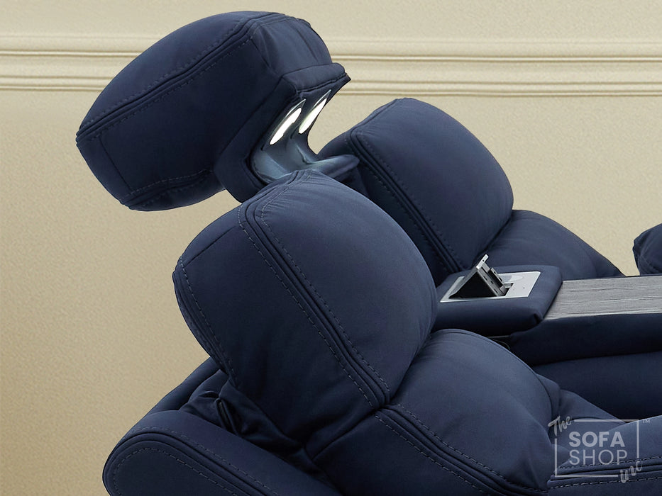 3+1 Electric Recliner Sofa Suite in Blue Resillience Fabric | Hi-Tech Cinema Set with Massage, Drop-Down Table, Power Headrest, Power Recliner, Storage Drawer, USB & Wireless Charging | Sicily